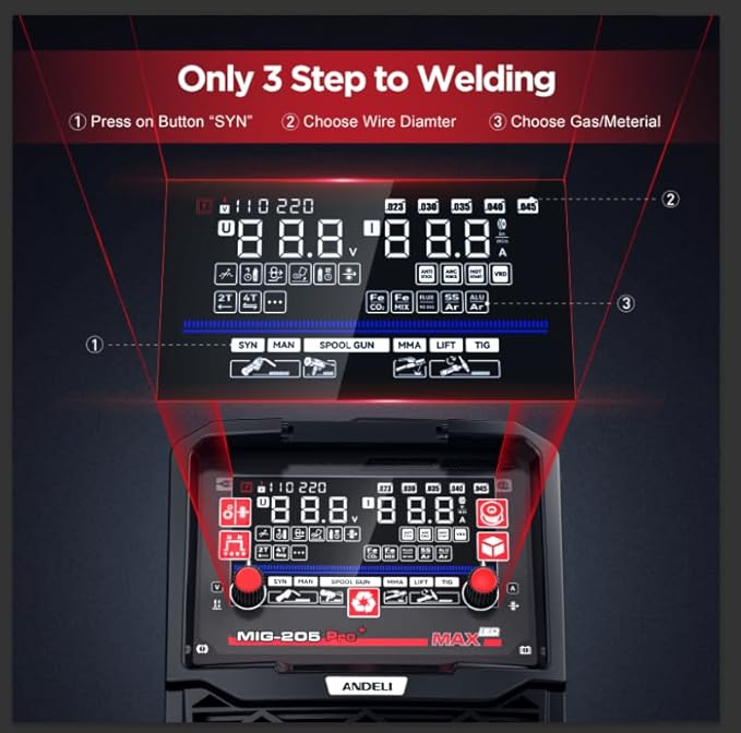 ANDELI 205A MIG Welder, [Large LED Display] 6-In-1 Multi Process Gas MIG/Flux Core MIG/Spool Gun MIG/Spot welding/Lift TIG/Stick Aluminum MIG Welding Machine，110/220V Dual Voltage Welder Machine