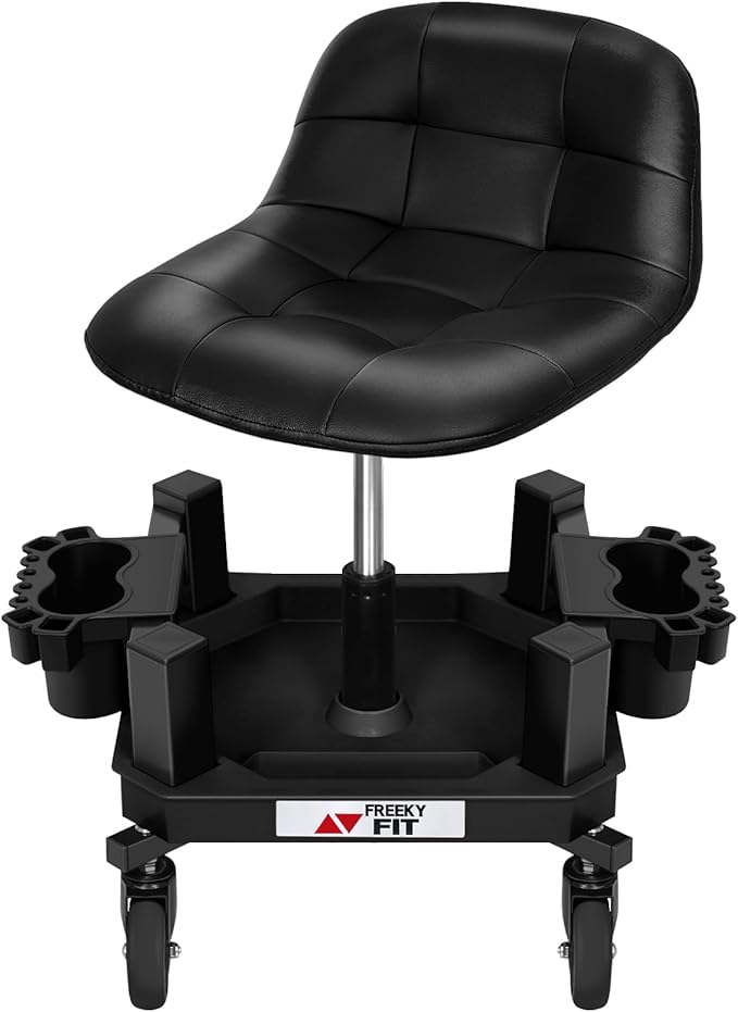 Rolling Stool with Wheels, Adjustable Shop Stool Mechanic Seat, Garage Shop Roller Work Chair, Mobile Rolling Seat with Tool Tray, 2 Cup Holders, 4" Casters, 350 LBS, Heavy-Duty, Black