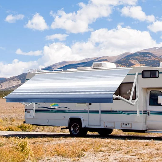 Suncode White Motorized RV Awning Modular Retractable RV Awning Complete Kit for RV,5th Wheel,Travel Trailers,Toy Haulers,and Motorhome RV Trailer Awning for Home or Camper-10x8Ft-Blue Strip