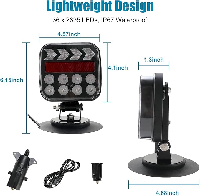 SUNPIE Trailer Lights Wireless LED Trailer Light Kit with Rechargeable Retrore Flectors Adjustable Magnetic Type C Towing Light Kit for Trucks, Boat, RV, Vehicle, Caravan
