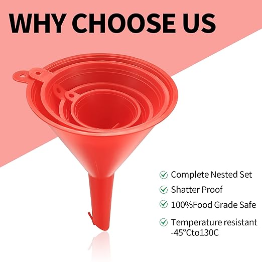 XhjzgcTec 8 Pcs Plastic Funnel Set, Oil Funnels for Filling Bottles or Containers, Multipurpose Wide Mouth Funnels for Kitchen/Laboratory/Garage/Car Liquids/Oil/Dry Goods/Bottles/