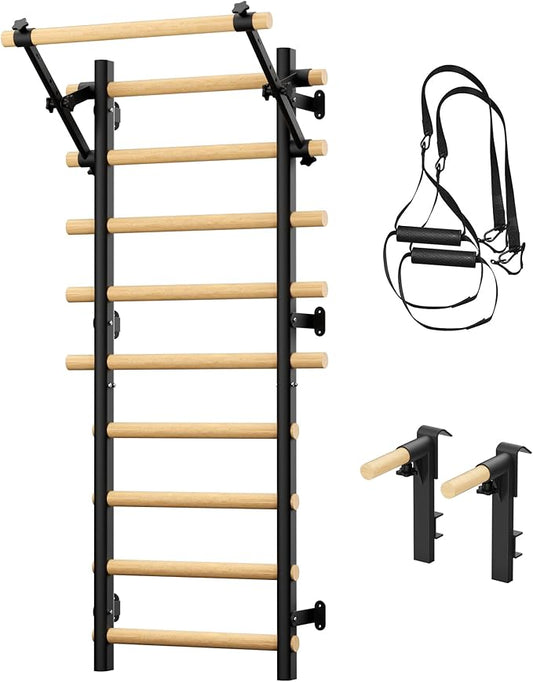 Swedish Ladder Wall Gym, Wooden Wall-Mounted Stall Bars with Pull-up Bar & Exercise Straps & Dip Bars, Stretching Ladder Full Body Home Gym for Adults