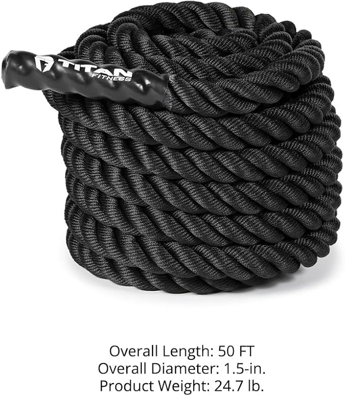 Titan Fitness Battle Rope 50ft x 1.5in, Poly Dacron Heavy Rope for Home Gym Conditioning Workouts, Cross-Train, Strength Training Exercises