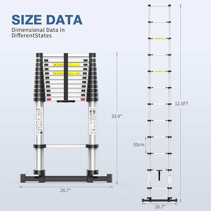 12.5FT Telescoping Ladder, 330lb Capacity Aluminum Heavy-Duty Extension Ladder with Anti-Slip Steps for Secure Attic Access, Roof, and Home Renovation Projects