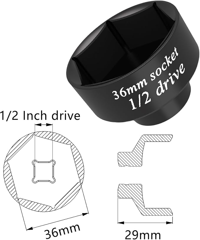 1/2 drive 36mm oil filter socket Wrench tool CR-MO 6 Point, for Fuel Filter/oil Filter cap and Impact Removal Axle Nut socket