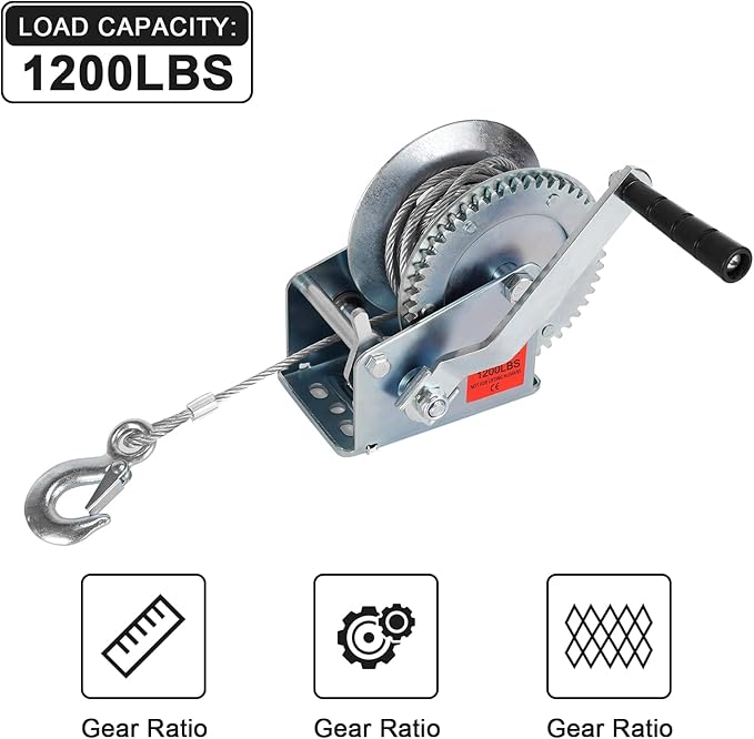 Heavy Duty Hand Winch 1200 lbs with 32 ft Steel Wire Rope, Hand Crank Strap Gear Winch with Steel Wire, for ATVs Boats Trailers Trucks Auto Marine