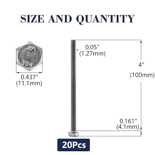 1/4-20 x 4 Hex Head Screw Bolt, 20Pcs 18-8 (304) Stainless Steel, Fully Threaded, Plain Finish, by SG TZH