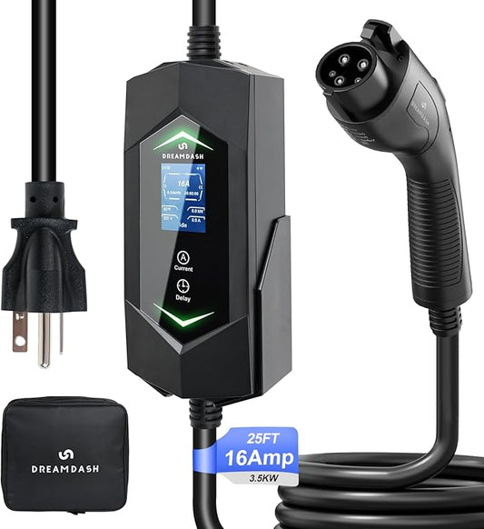 Portable Level 2 Ev Charger for All SAE J1772 EVs, 25ft ETL Listed Electric Vehicle Charger, Smart Adjustable 6-16A,120-240V, Timer Function,Weatherproof IP66 with NEMA 6-20 Plug