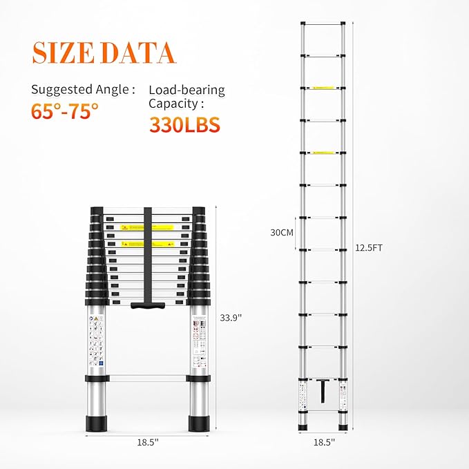 12.5FT Telescoping Ladder, 330lb Capacity Aluminum Heavy-Duty Extension Ladder with Anti-Slip Steps for Secure Attic Access, Roof, and Home Renovation Projects
