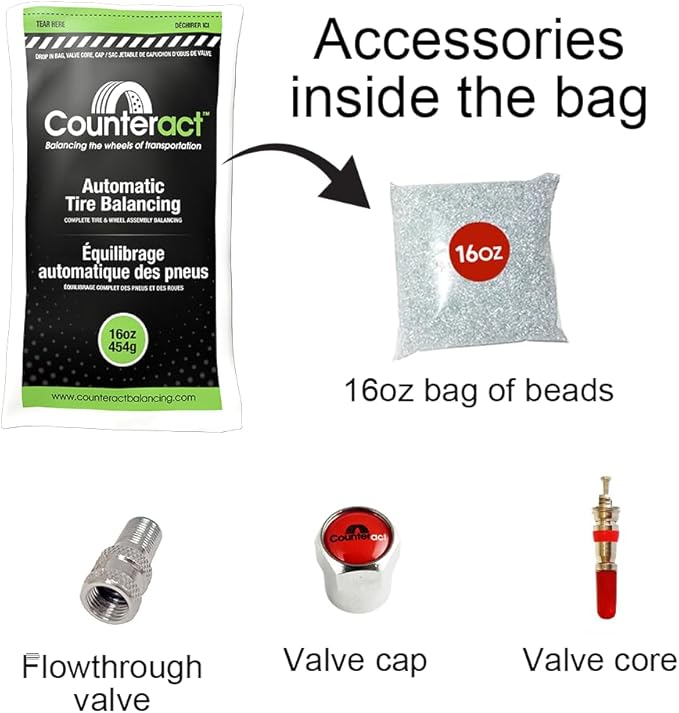 Counteract DIYK-16 Do It Yourself Tire/Wheel Balancing Beads Kit - Off -Road, Medium/Heavy Duty Truck Tires, (4) 16oz DIY Bead Bags, (4) Valve Caps and Cores, (1) Core Remover, Injector Bottle