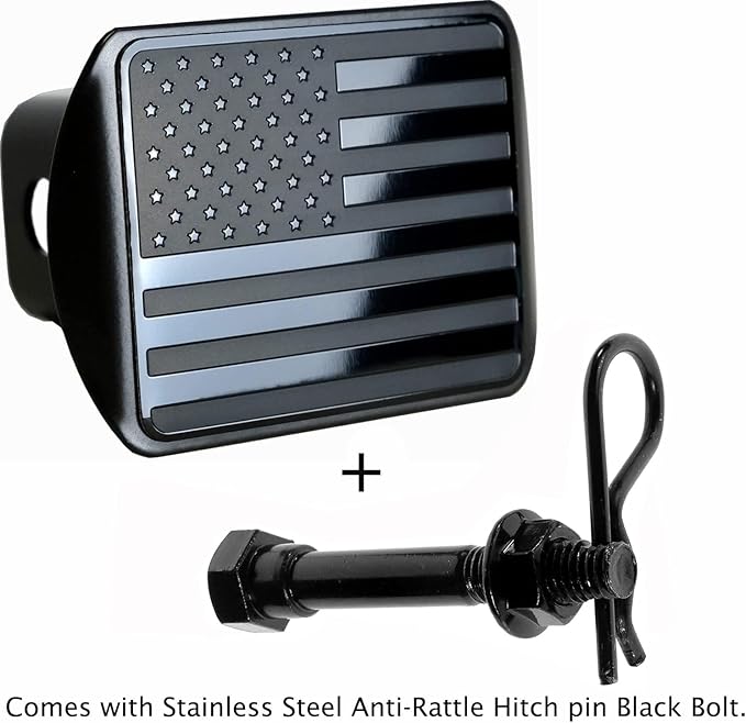 eVerHITCH USA Stainless Steel Flag Emblem Metal Hitch Cover with Pin Bolt (Fits 2" Receivers, Black)