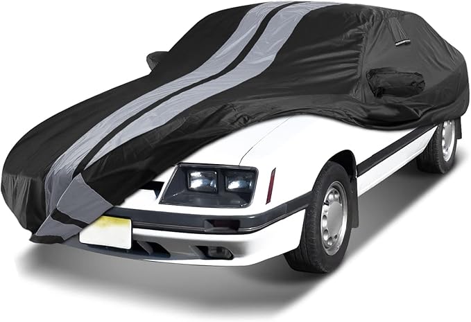 iCarCover Custom Car Cover for 1979-2004 Ford Mustang Waterproof All Weather Rain Snow UV Sun Protector Full Exterior Indoor Outdoor Car Cover (Stripe - Black/Gray)