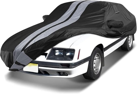 iCarCover Custom Car Cover for 1979-2004 Ford Mustang Waterproof All Weather Rain Snow UV Sun Protector Full Exterior Indoor Outdoor Car Cover (Stripe - Black/Gray)