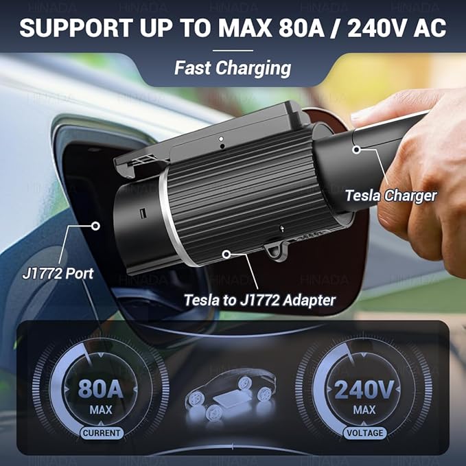 HiNADA Tesla to J1772 EV Charging Adapter, NACS to J1772 Converter, 80A/240V, IP55 Waterproof, Compatible with Tesla Wall Connectors, Destination Chargers, Mobile Chargers