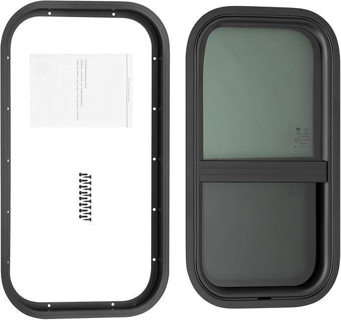 RV Window, 22" X 12" Universal RV Window Vertical Slide W/Trim Ring, Vertical Sliding Glass Window with Screen Window for Cargo, Horse Trailer, Marine Camper Window Replacement (12”x22”)
