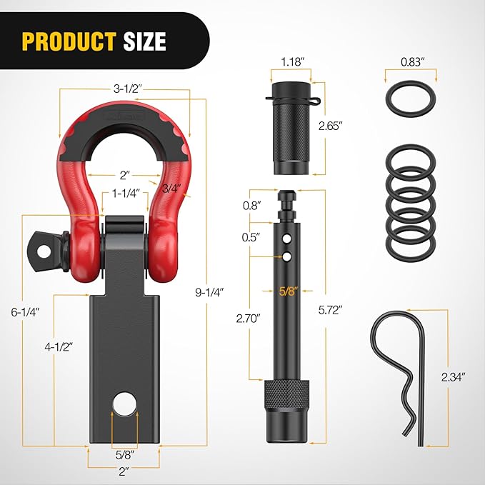 Nilight Anti-Theft Shackle Hitch Receiver 2Inch 45000 LBs Breaking Strength 3/4" Anti-Theft D Ring Shackle 5/8" Trailer Hitch Lock Pin Heavy Duty Solid Towing Kit for Trucks Off Road (Red&Black)