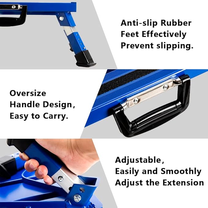 Homeon Wheels Aluminium RV Steps Adjustable Folding Step Stool with Non-Slip Rubber Feet, Stable Platform Supports 1000bs, Safety Strips, Handle, Easy Carry, Outdoor Camper Trailer Travel - Blue