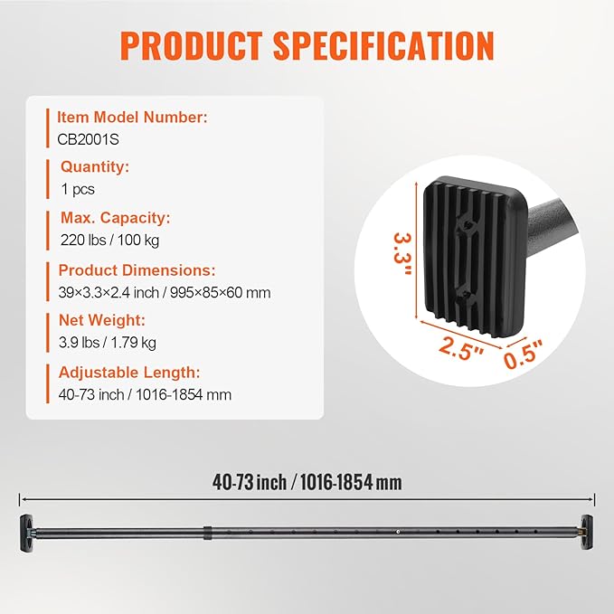 VEVOR Cargo Bar, Truck Bed Bar Adjustable from 40" to 73", Heavy-Duty Steel Cargo Stabilizer Bar with 220 lbs Capacity, Truck Load Bar Stop Sliding for Pickup Truck Bed, SUV