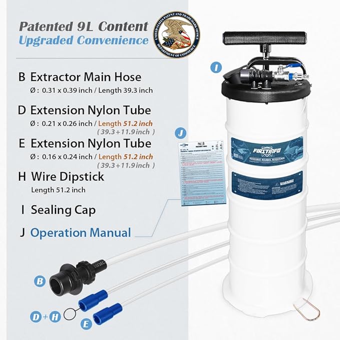 FIRSTINFO A1108USY3 Patented 9L / 2.3 Gallon Taiwan Pneumatic/Manual Oil Vacuum Extractor | Oil Change Pump | 47 Inch Tube