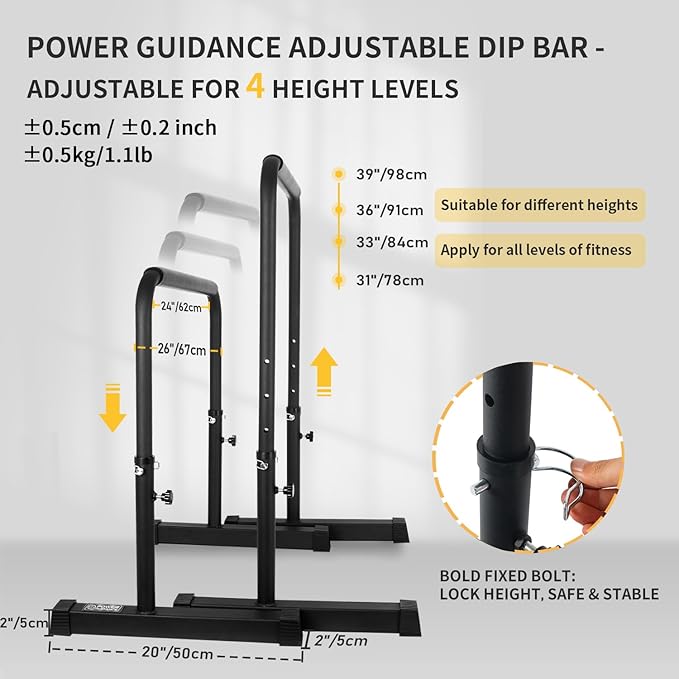 POWER GUIDANCE Dip Bar, Dip Stand Station for Full Body Strength Training, Adjustable Height 30Inches - 38.6Inched, 3 Colors Available