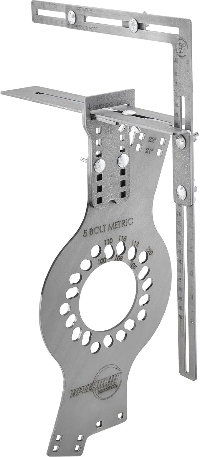 Speedway Motors WheelWise™ 5-Lug Metric Wheel Fitment Tool with Tire Size Attachment, Simulates 14-22 Inch Rim Diameters, 8-14 Inch Widths, 2.5-11.5 Inch Sidewalls, Laser Cut Steel