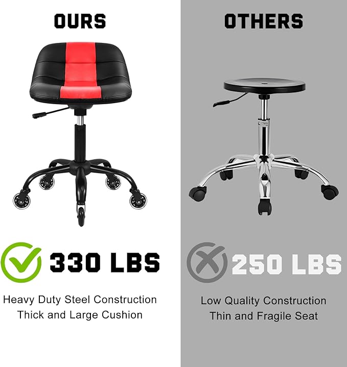 Rolling Shop Stool with Wheels, Rolling Stool with Back Support, 360° Swive Garage Chair, Height Adjustable Chair 330lb Heavy Duty for Spa Salon Massage Home Office Tattoo (Red)