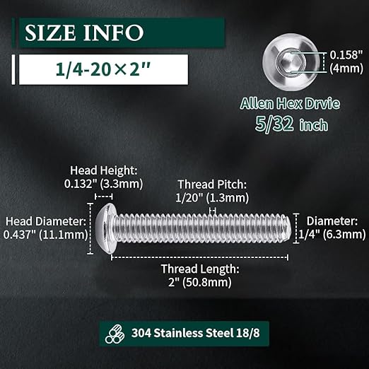 1/4-20 x 2 Button Head Socket Cap Bolts Screws, 304 Stainless Steel 18-8, Allen Hex Drive, Bright Finish, Fully Machine Thread, Pack of 100
