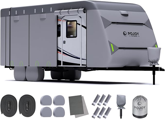 Waterproof Windproof RV Travel Trailer Cover, Anti-Rip Anti-UV 600D Oxford Fabric Camper - With Tongue Jack, Tire, Gutter Covers for 31'7"-34'