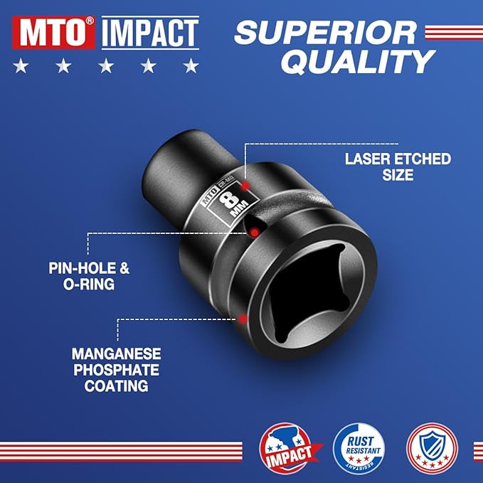 MTO 1/2" Drive 8mm Shallow Impact Socket, 6-Point Metric Socket, CR-MO Steel & Anti-Corrosion Coating for Tight Spaces and Heavy-Duty Tasks