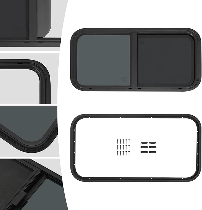 RV Window, Teardrop Horizontal Slide Black RV Window, Universal RV Window 30" W x 15" H Horizontal Sliding Window Camper Trailer Window Horizontal Sliding Replacement Glass W/Trim Ring