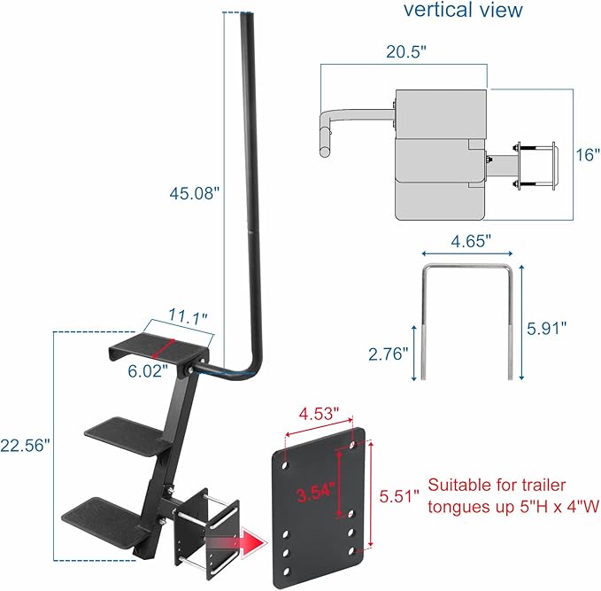 Boat Trailer Step, Heavy Duty Steel 3 Steps Ladder for Boat Trailer Tongue with Handrail, 450lbs Capacity, Black