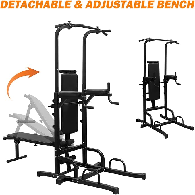 Pull Up Bar Station Adjustable Power Tower for Home Gym Strength Training Dip Stands with Bench