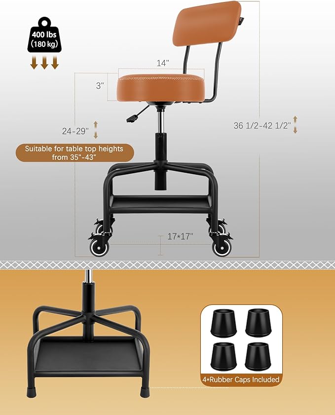 Shop Stool with Lockable Rubber Wheels Adjustable Backrest Tool Tray Storage 400 lb Capacity Rolling Garage Stool (Brown)