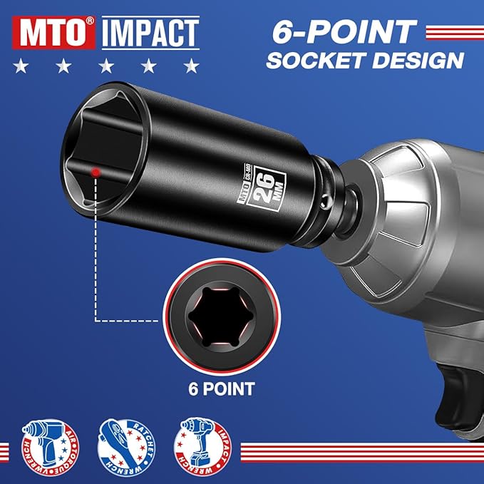MTO 1/2" Drive 26mm Deep Impact Socket, 6 Pt. Metric Socket, CR-MO Steel & Anti-Corrosion Coating for Heavy-Duty Use