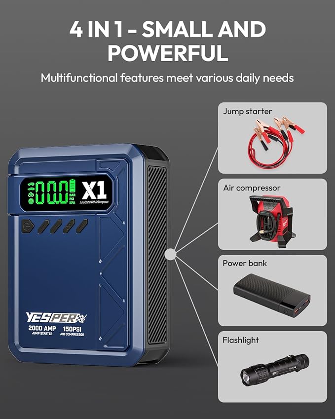 YESPER Jump Starter with Air Compressor 2000A 150PSI Battery Jumper Starter Portable(8L Gas/6L Diesel), 12V Car Jump Pack Battery Charger Jump Box with Jumper Cables, LCD Display, Lights(Blue)