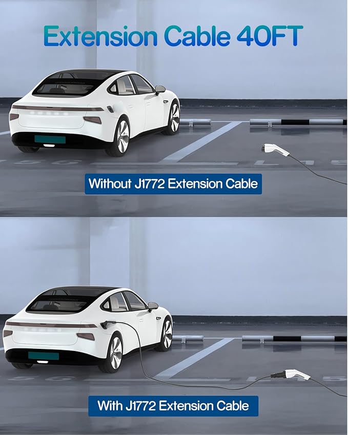 EV Charger Extension Cable, 40ft 40Amp J1772 Extension Cable Compatible with 110V-240V SAE J1772 EV Chargers, Suitable for J1772 EVs/PHEVs, Level 1/ Level 2 IP66 Car Charger Extension Cord with Bag