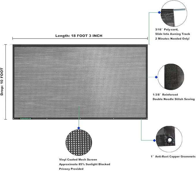 Tentproinc RV Awning Sun Shade Screen 10'X18'3'' (fit for 19' Awning)- Black Mesh Sunshade Block Patio Front Sun Light Motorhome Camping Trailer UV Sunblocker - 3 Year Warranty