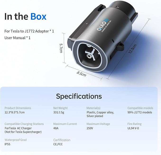 QIAO)) Upgraded Tesla to J1772 Adapter, Max 80A/250V NACS to J1772 Charger with Extreme Weather Protection & Anti-Drop Safety Lock for J1772 EVs on Tesla Home/Destination Chargers (Not Supercharger)
