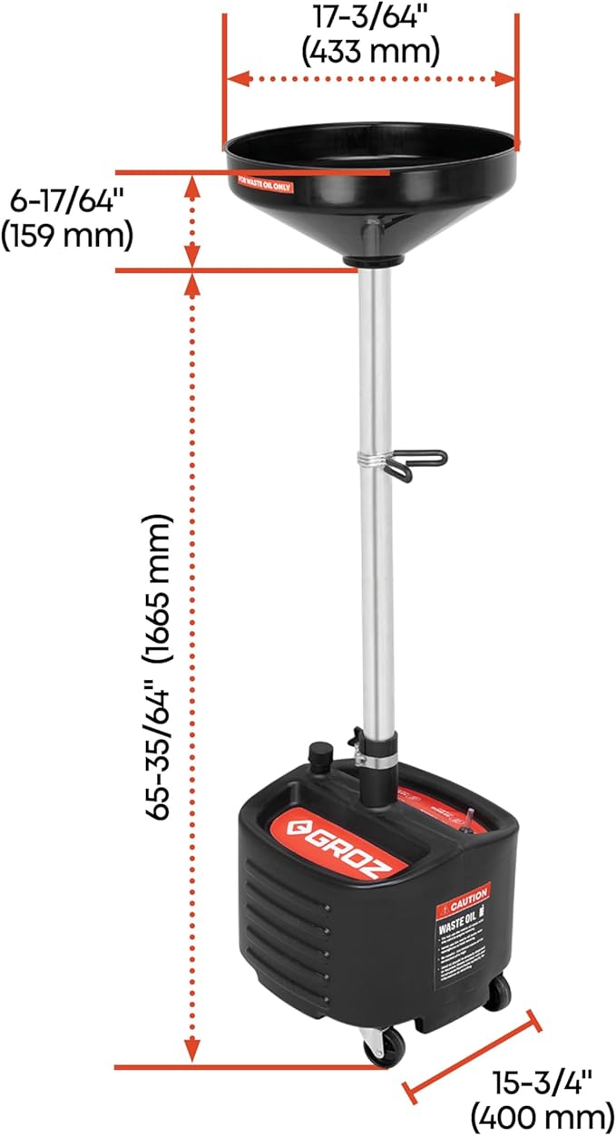 Groz 8 Gallon Waste Oil Drain Pan - Wheeled, Adjustable Height, Spill-Proof Design, Tool Storage (44605)