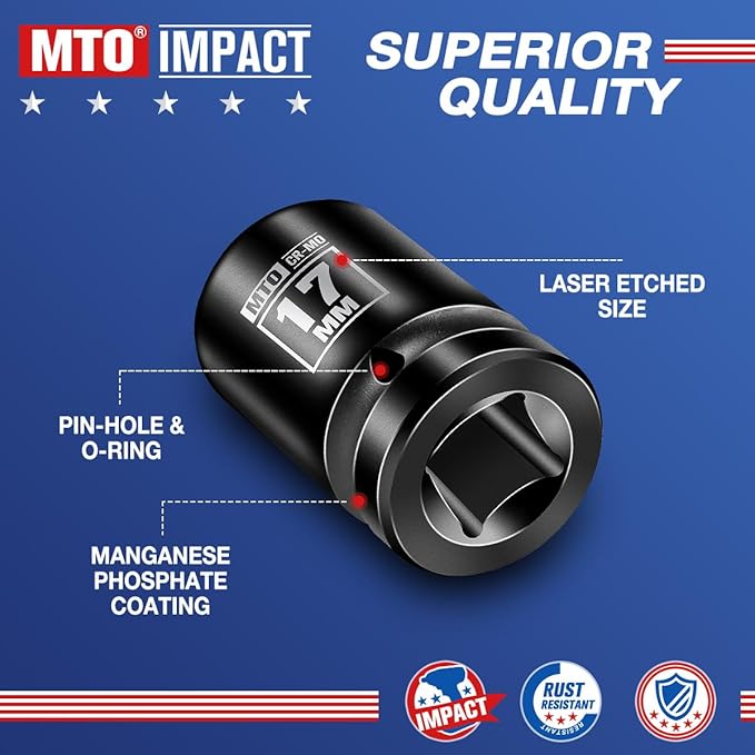 MTO 1/2" Drive 17mm Shallow Impact Socket, 6-Point Metric Socket, CR-MO Steel & Anti-Corrosion Coating for Tight Spaces and Heavy-Duty Tasks