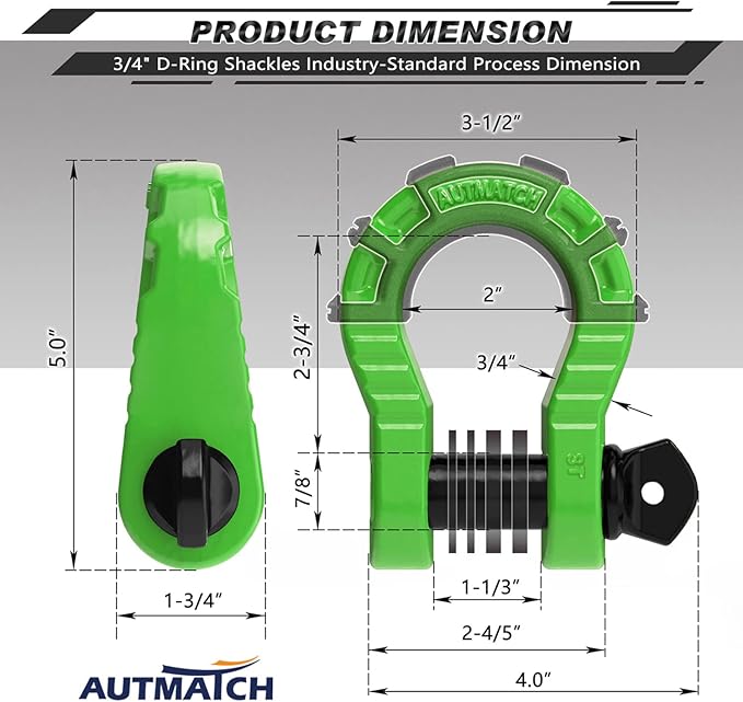 AUTMATCH D Ring Shackles 3/4" Mega Shackle (2 Pack) 68,000Ibs Break Strength - Heavy Duty Clevis Shackles with 7/8" Screw Pin and Isolator Washer for Tow Strap Winch Off Road Vehicle Recovery, Green