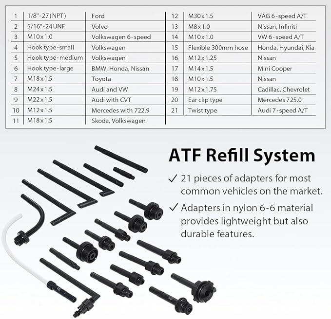 FIRSTINFO A1141HN Taiwan 21-Adapter Manual ATF Filler System, 6L High-Capacity Manual Transmission Fluid Pump Tool for Automatic Transmission Fluid Oil Refill