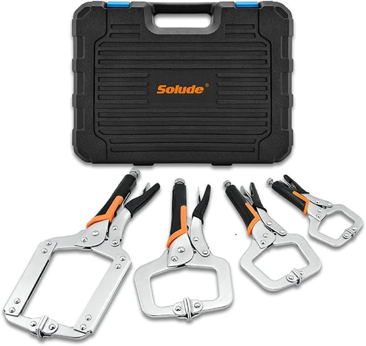 C-Clamp Locking Pliers Set,6-Inch,9-Inch,11-Inch,14-Inch,4 Piece Vise Grip Face Clamp for Woodworking,Welding and Pocket Hole Joinery with Plastic Storage Box