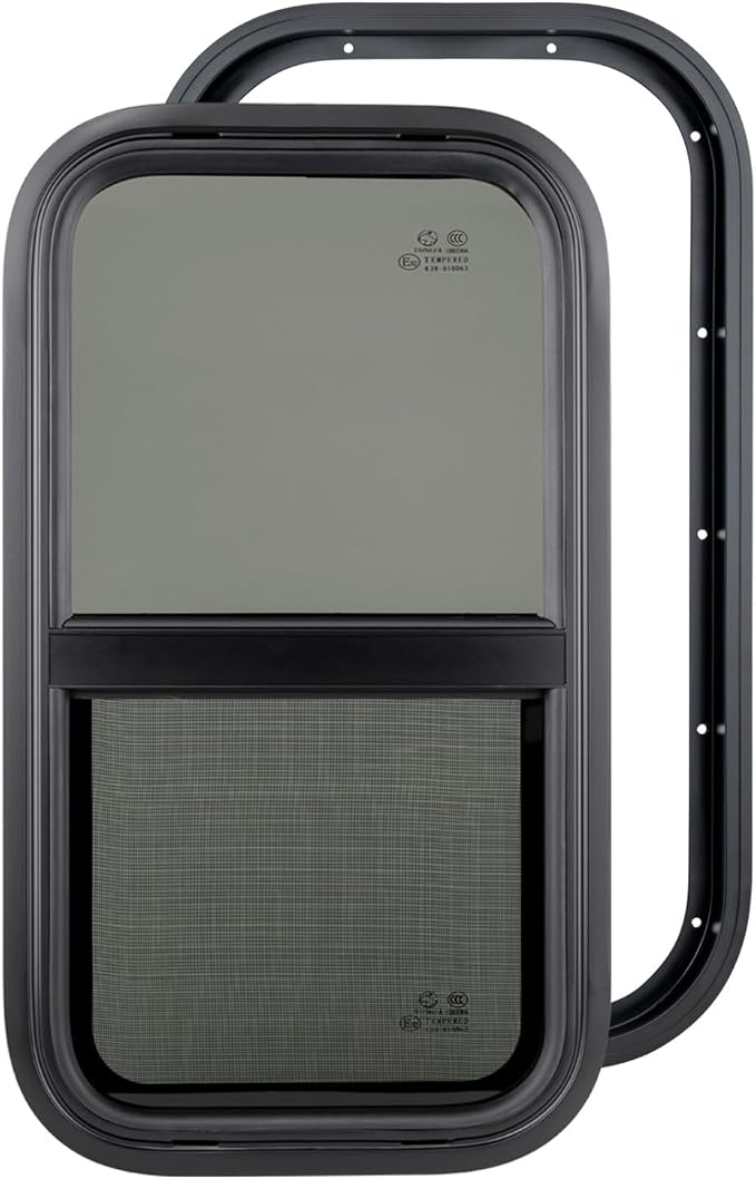 Dulepax Vertical RV Window, 18" W x 30" H Tinted Slide Trailer Window, Tempered Glass Camper Window Replacement with Net Screen and Trim Ring, DOT Approved