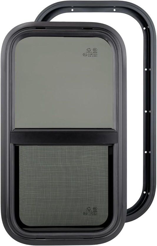 Dulepax Vertical RV Window, 18" W x 30" H Tinted Slide Trailer Window, Tempered Glass Camper Window Replacement with Net Screen and Trim Ring, DOT Approved