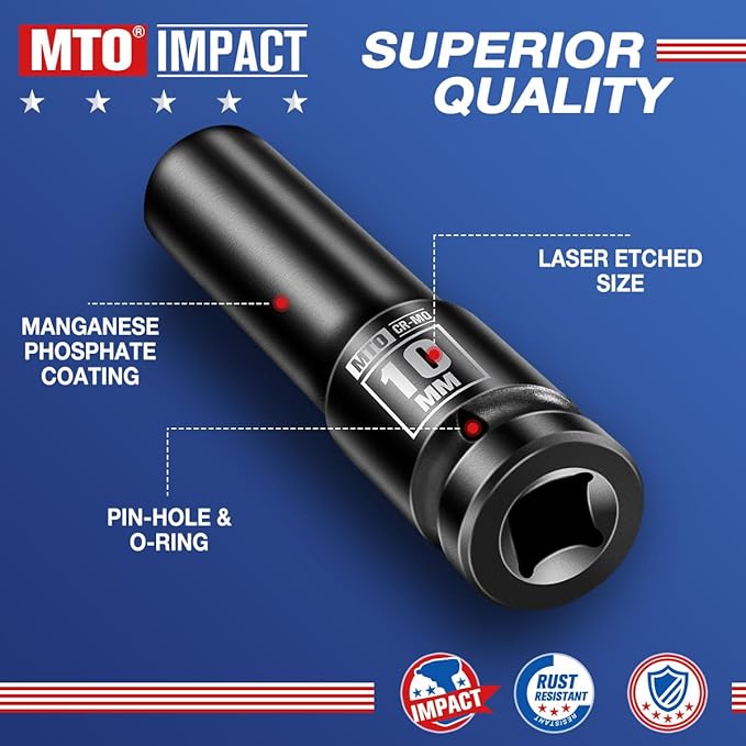 MTO 1/2" Drive 10mm Deep Impact Socket, 6 Pt. Metric Socket, CR-MO Steel & Anti-Corrosion Coating for Heavy-Duty Use