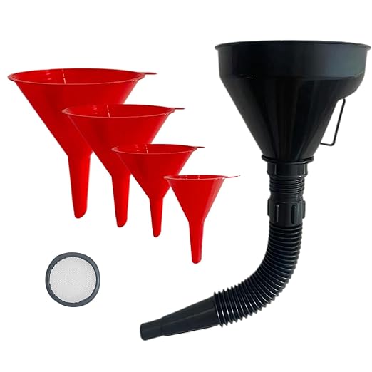 5 Pcs Plastic Oil Funnels for Automotive Use Set, Large Flexible Fuel Funnel, Wide Mouth Fuel Funnels with Detachable Spout and Filter for Water, Gasoline, Coolant, Engine Oil Transfer