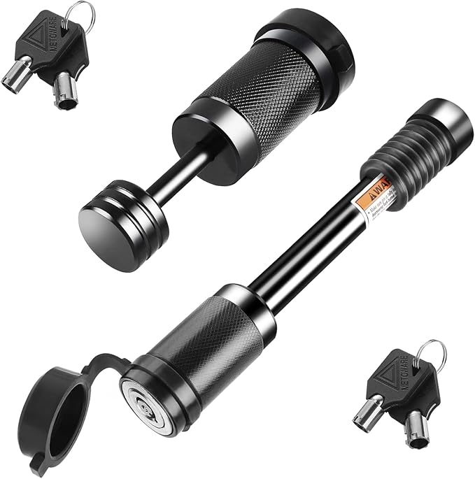 METOWARE Keyed Alike Hitch Lock& Coupler Lock Set, 5/8" Dia 3-1/2” Long Trailer Hitch Locks for Class III IV 2" & 2-1/2" Receiver, Dia 1/4" Trailer Coupler Lock with 7/8" Span Fits Latch-Type Couplers