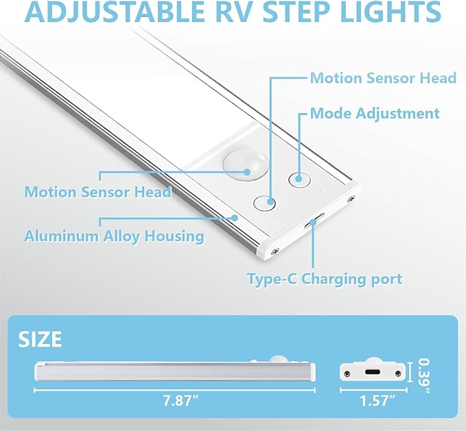 2 Pack Motion Activated RV Step Lights, USB Rechargeable 48 LED Rv Light Camping Camper Lights Adjustable 3 Colours for Motorhome Travel,Travel Trailers, Camper (White