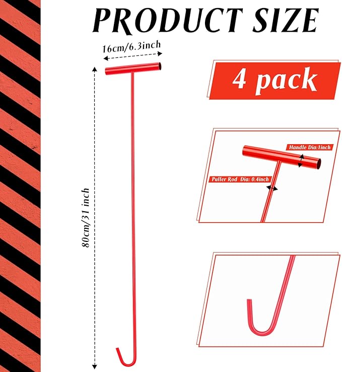 Zonon 4 Pack 31" Red Fifth Wheel Puller 5th Wheel Pin Puller for Semi Truck Cotter Spring Pulling Tool Solid Steel Dock Hooks Portable Type Lifting J Hook for Pulling Storm Drain Manhole Covers